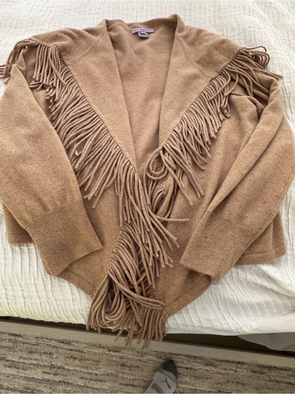 Fringed 100% Cashmere Women's Sweater Cardigan - Camel